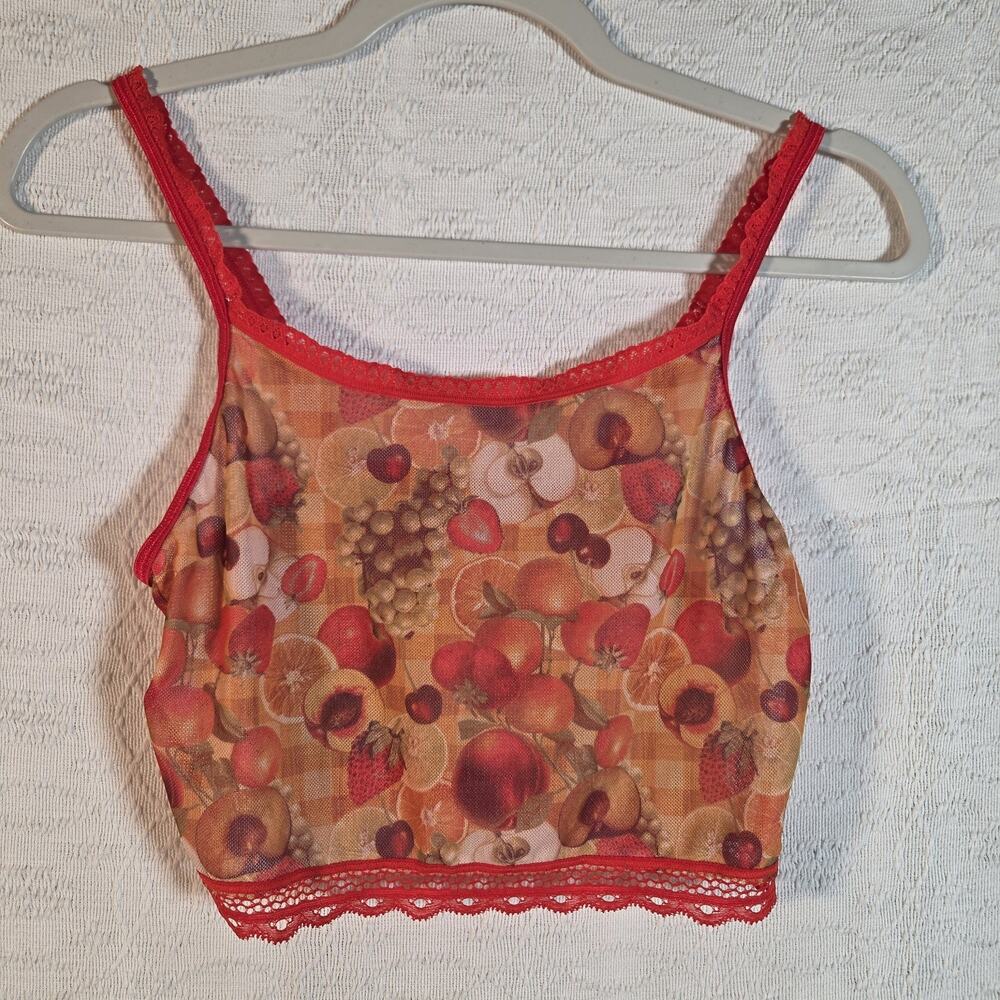 Uye Surana New York Fruit Print Mesh Bralette‎ Crop Top Red Lace Trim Sheer M/L